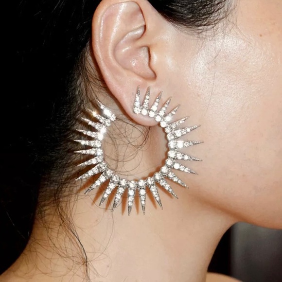 Silver Diamond Spike Hoop Earrings - Picture 4 of 7